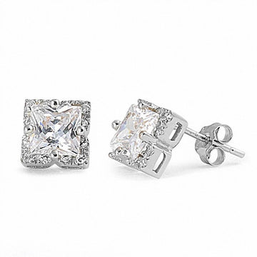 Halo Stud Earrings Princess Cut Simulated CZ 925 Sterling Silver